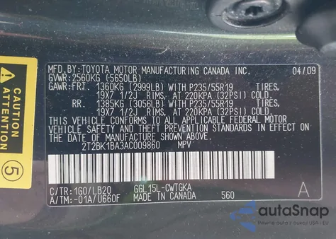 2010 Lexus Rx 350 z USA, uszkodzony, nr VIN 2T2BK1BA3AC009860